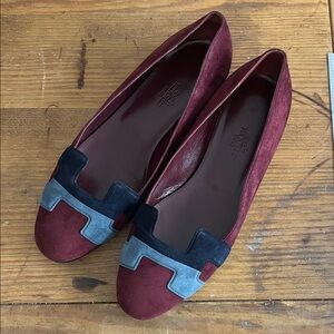 Hermes Burgundy and Navy Flats Sz 7.5